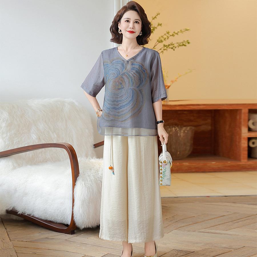 

Mom Set Fashion Loose Retro Vintage Casual Top Wide Leg Pants Two Piece Outfit for Middle-Aged Women 5XL сірий колір