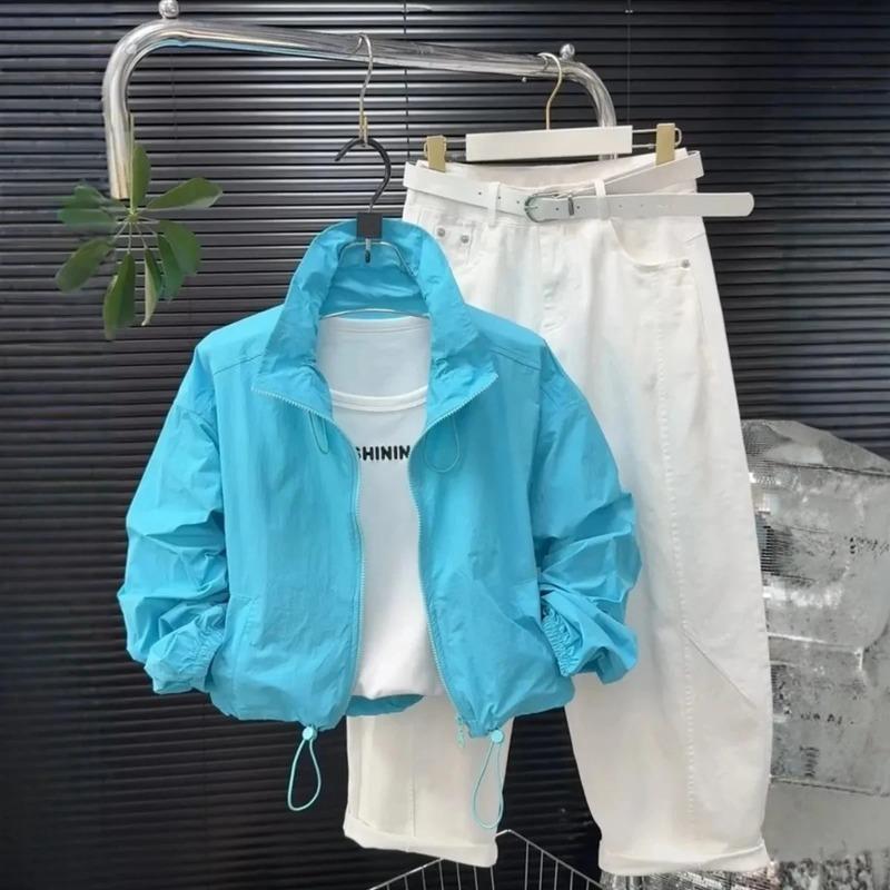 Damen Kurzarm Sonnenschutz Sommer Locker Reise Outdoor Stehkragen Mantel Damen Freizeit Unifarben Reißverschluss Mantel