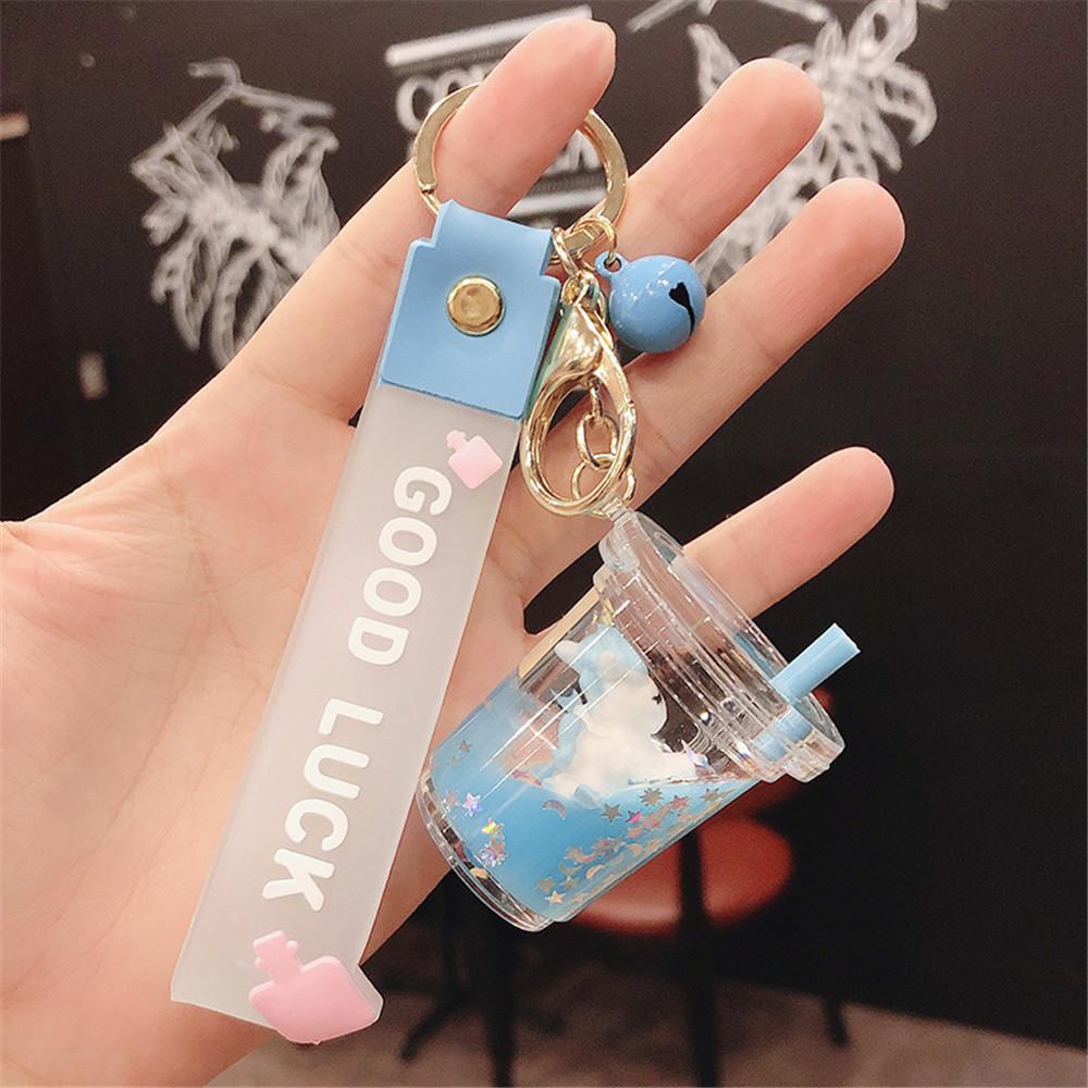 Cute Pearl Milk Tea Floating Liquid Keychain Bag Pendant Cartoon Cup Drink Bottle Keychain Girl Gift Car Keychain синий