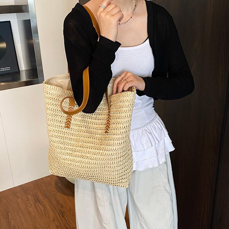 Women Top-Handle Bags Straw Summer Beach Straw Bucket Bag Woven Tote Purse Casual Travel Handbags for Women