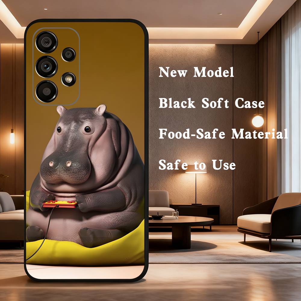 Cute Hippo Hippopotamus For Samsung Galaxy A73,31,71,53,32,72,Note,22,41,8,9,52,J7,Soft Black Silicone Cover Case