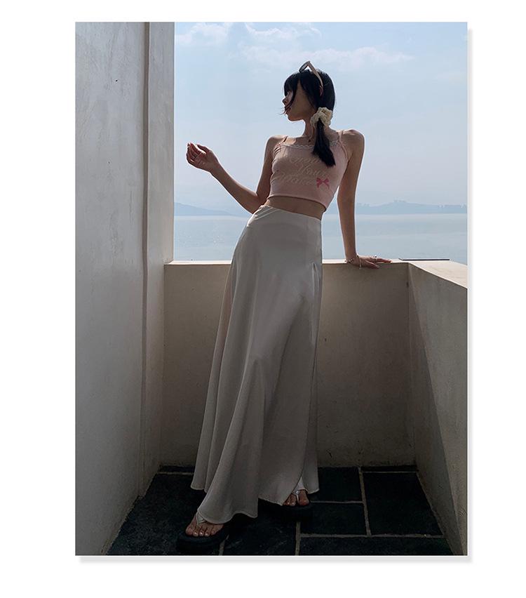 Hedvábná sukně A-linie slim-fit: Nový letní styl s vysokým pasem, všestranný, zvýrazňující temperament.