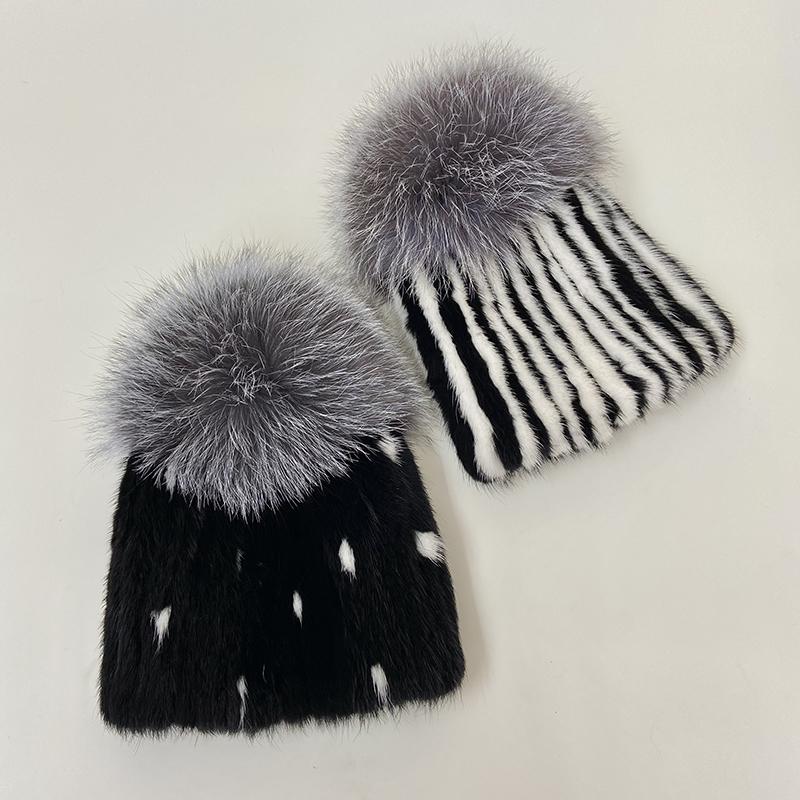 Women's Mink Fox Fur Winter Hat Striped Knitted Beanie with Pompom, Warm Fashionable Trapper Cap for Cold Weather