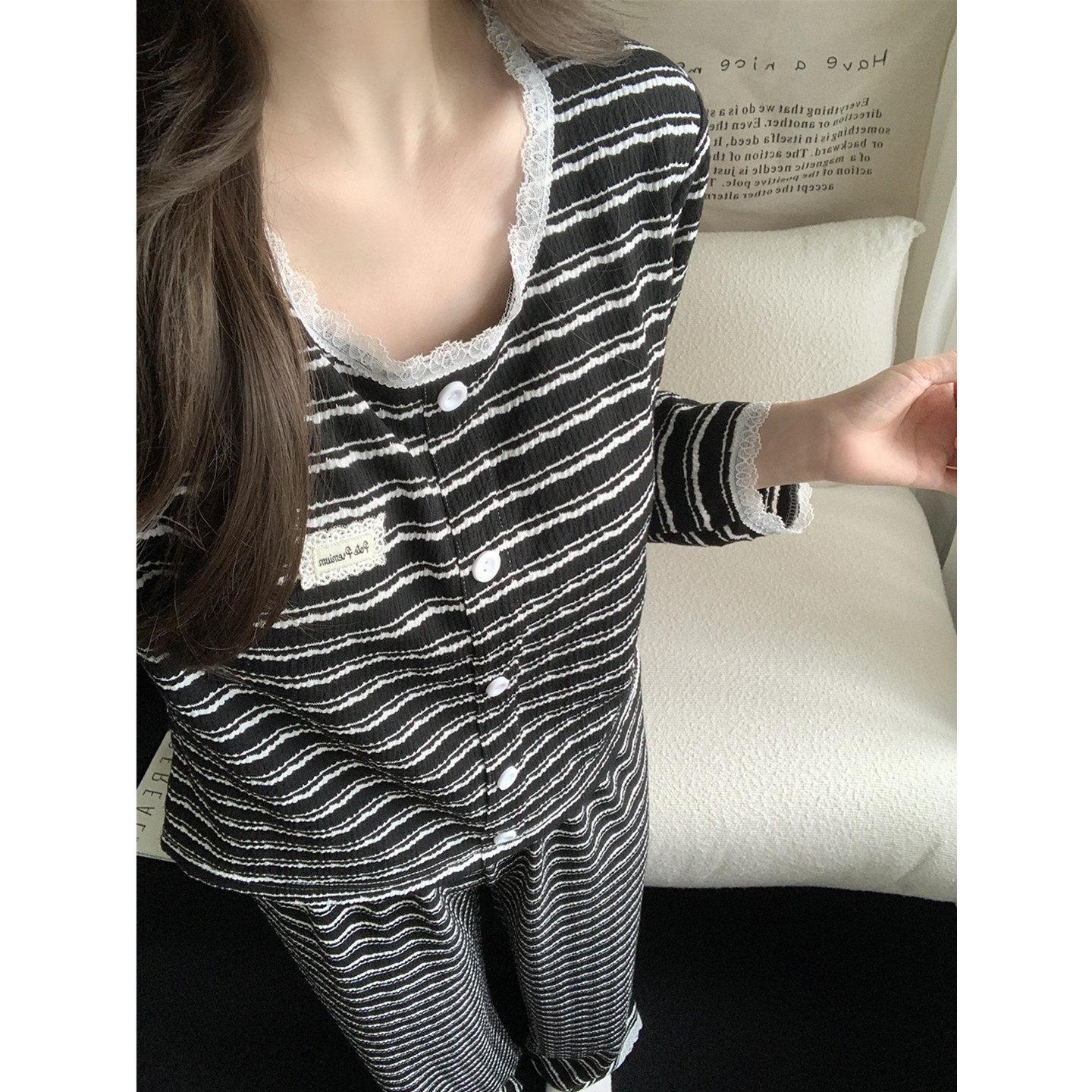 

Women s pajamas with chest pads, thin long-sleeved trousers in spring, autumn and winter, lace edge, sweet girly loungewear can be worn outside M