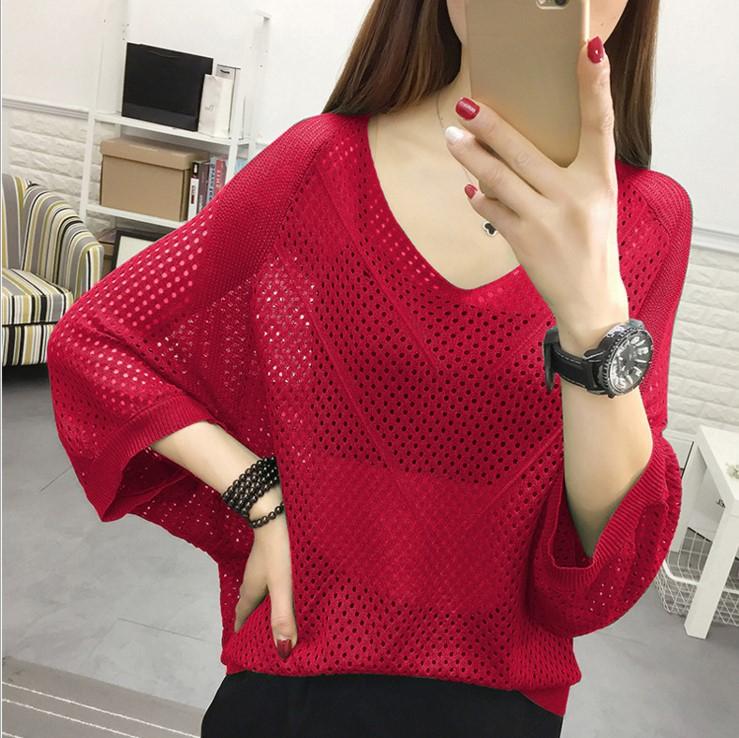 Summer Hollow Short-sleeved Bat Shirt Loose Knit Top V-neck Solid Color Plus Size Blouse