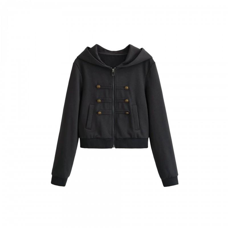 Womens Short Sweet Fresh Jacket Dual Metal Buckle Solid Color Hooded Zip Up Long Sleeve Casual Style