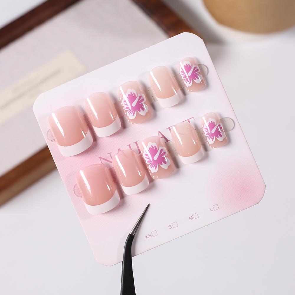 24Pcs White Pink Flower Acrylic Fake Nails Short Square French False Nail Wearable Full Cover Artificial Press on Nail For Women
