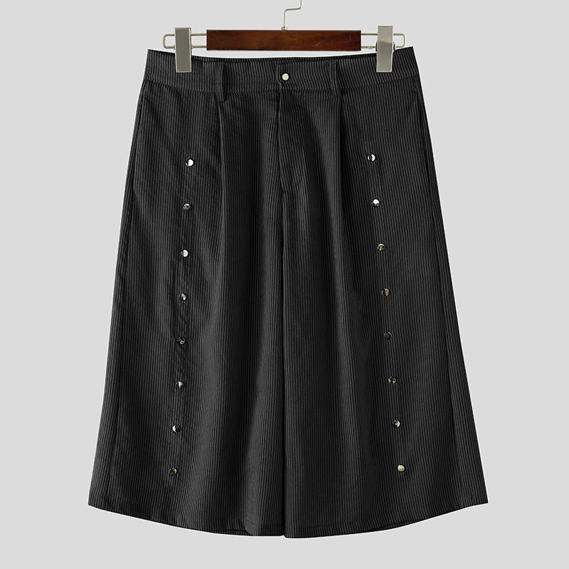 

INCERUN Men Zipper Casual Loose Striped Wide Leg Capri Pants Shorts S чёрный