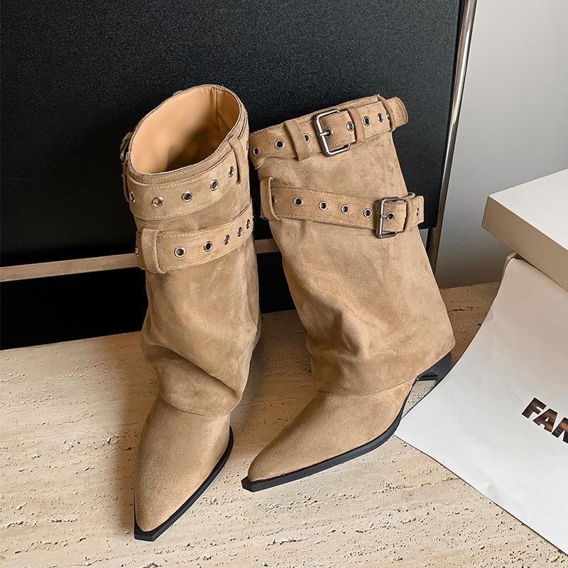 Niche Design Short Boots Women's Autumn New Spice Girl Belt Buckle Pants Boots Pointed Western Cowboy Boots