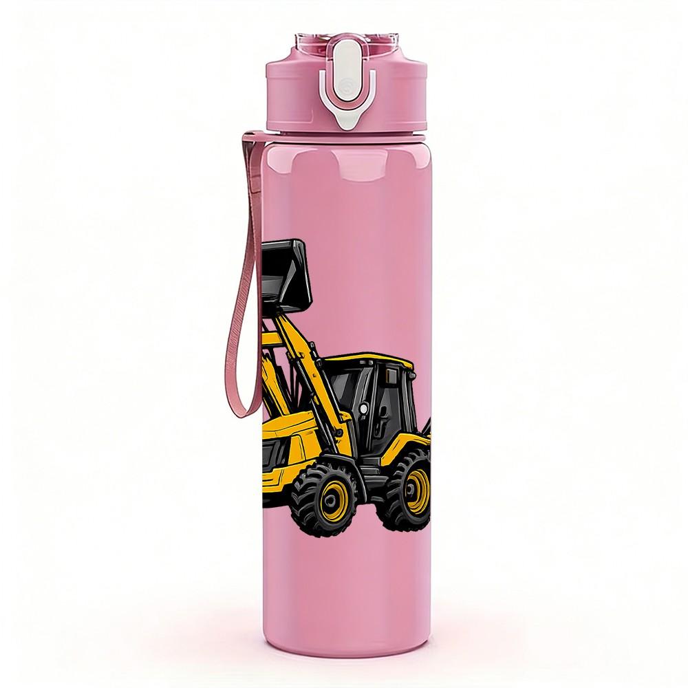 1PC Yellow Excavator Machine Pattern 750ml Color Plastic Sports Water Bottle Leakproof Flip Straw Lid Suitable for Sports Office Home Use