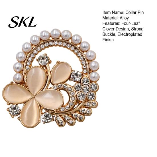Secure Collar Pin Solid Alloy Pin, Four-Leaf Clover Center Shape Brooch with Dress Shirt Accessory Faux Opal, Electroplated Anti-Oxidation Fastener