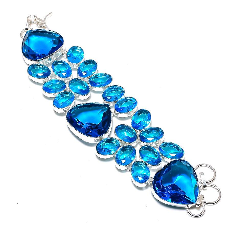 Kamień Szlachetny Topaz Niebieski Ręcznie Robiona Bransoletka ze Srebra Próby 925 7-8" o2o72