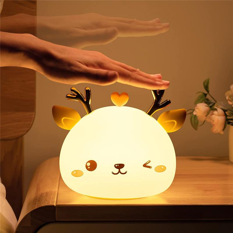 Senzor tactil USB din silicon. Lumină de noapte cu LED drăguț în formă de cerb, 7 culori, luminozitate, cameră reglabilă