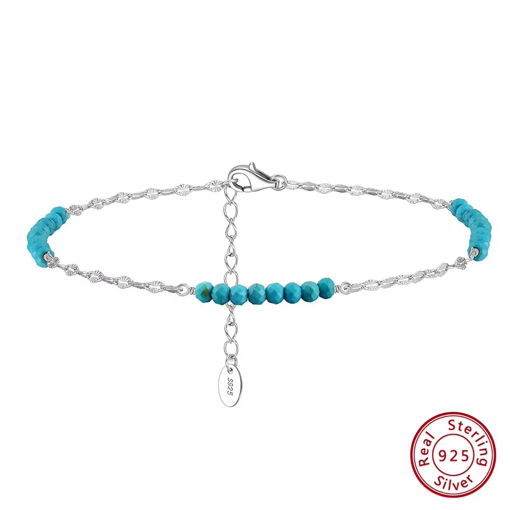 ORSA JEWELS Fashion 3mm Turquoise Gemstone Beads 925 Sterling Silver Butterfly Chain Anklet for Women Summer Beach Jewelry SA85