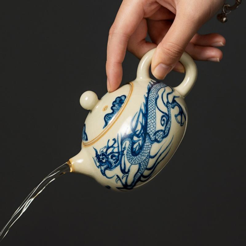 180ml Traditional Ru Kiln Blue and White Dragon Pattern Xi Shi Teapot For Home Tea Making High-end Ceramic Teapot KungFu Tea Set