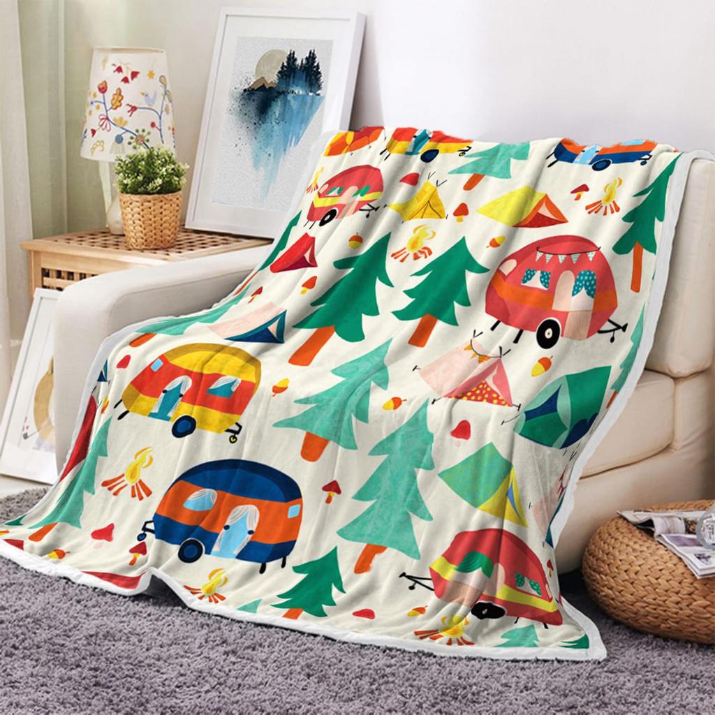 Cartoon Pine Tree Car Printed Blanket for Sofa Bed Travel Camping Living Room Office Conditioning Blanket for All Seasons Gifts