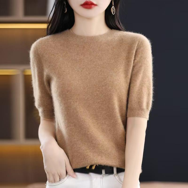 Loose Women's Round Neck Short Sleeve Knitted Sweater T-Shirt Base Layer Spring Autumn Short Top