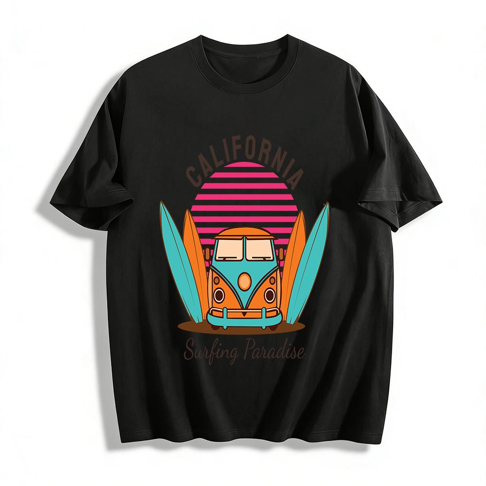California Surfing Paradise Retro Bus Graphic Casual Tee Pure cotton T-shirt XXS