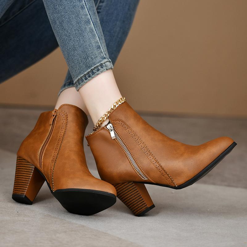 Fashion Women's Boots Fashion Leather Boots Spring/Autumn Comfortable Breathable High Heels Short Boots Side Zipper Women's Shoes 2025