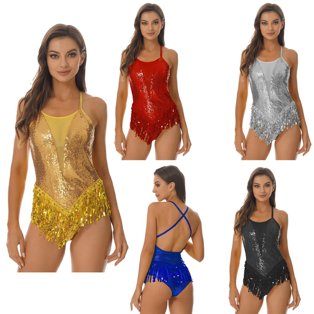 Womens Latin Dance Costume Sparkling Sequins Fringed Leotard with Elegant Cross Back Bodysuit Design