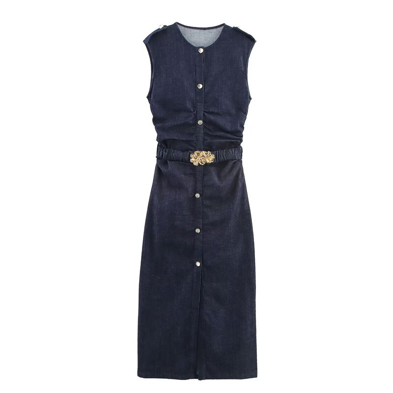 

Kaslead New Women clothes Western Style With Belt Pleat Midi Dress 3394576 Navy blue L
