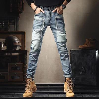 Men's Trendy Patchwork Slim-Fit Jeans with Multiple Pockets and Contrast Color Accents