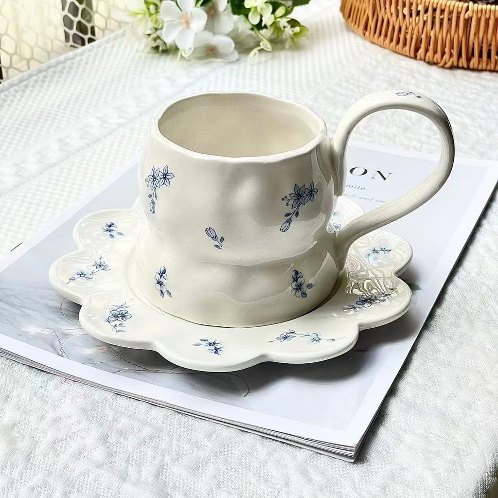 French Romantic Ins Style, Ceramic Cups and Saucers, Coffee Cups with High , Afternoon Teacups, Desserts with High Handles, Small Floral Blue Flowers.