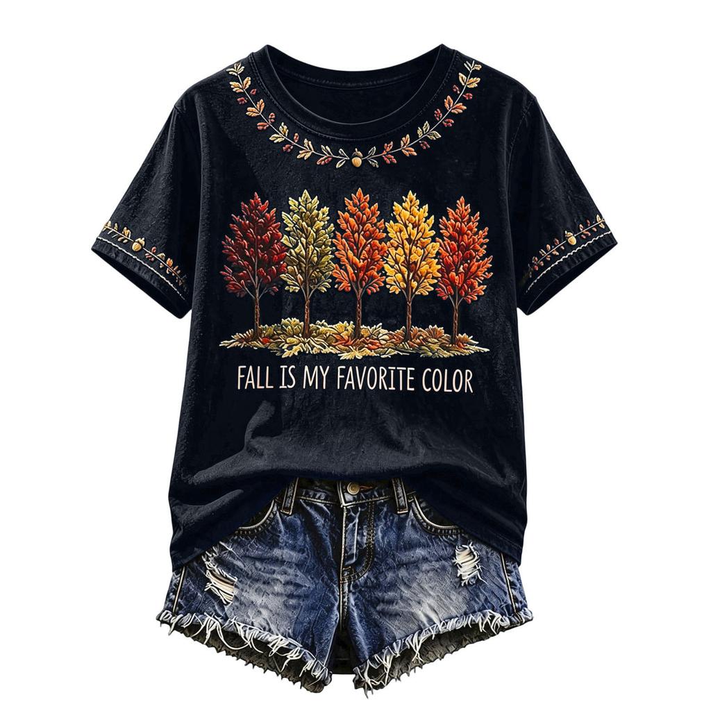 Women's Maple Leaf Print Short Sleeve T-Shirt for Fall