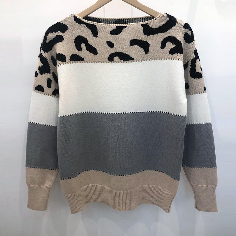 Striped Leopard Print Round Neck Pullover Sweaters Women Fashion Loose Vintage Knitted Sweater Woman Autumn Long Sleeve Casual Winter Clothing 25142