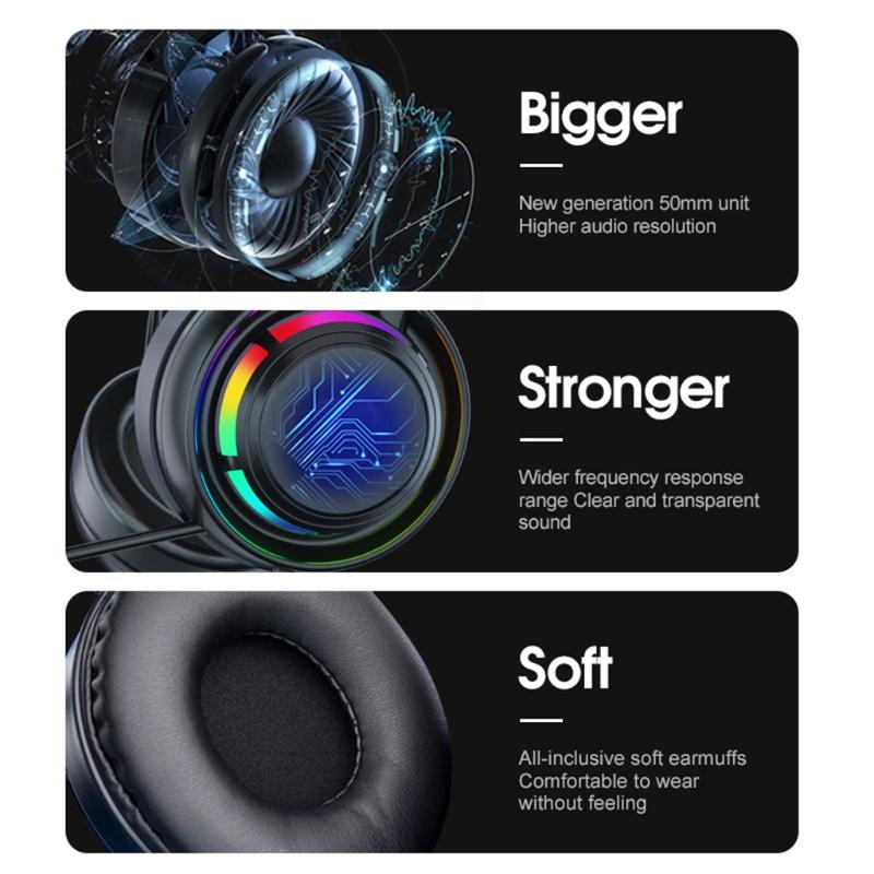 RGB Light Gaming Headset Surround Stereo Sound Earphone Soft Earmuffs Powerful Ergonomic Design Comfortable to Wear