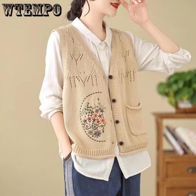 Hollow Out Embroidery Knitted  Vest Casual Pocket Vintage Women Tank Top Spring and Autumn Loose Vest