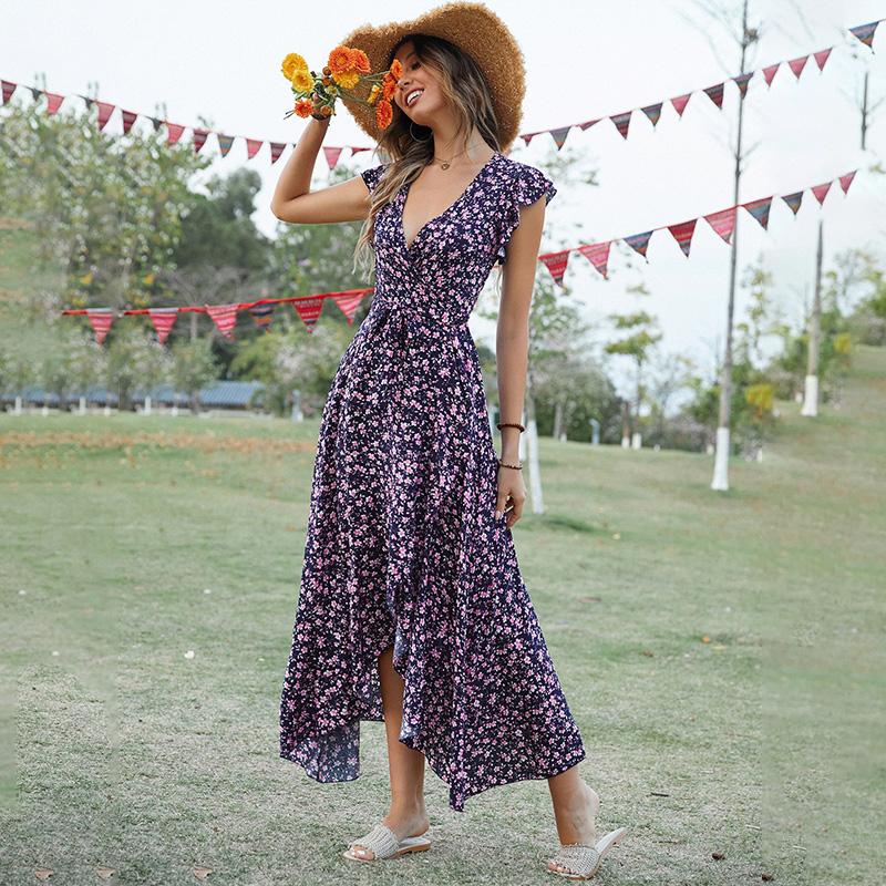 Women's Bohemian Floral Print V-Neck Tie Waist Maxi Dress Rayon Beach Vacation Flowy A-Line