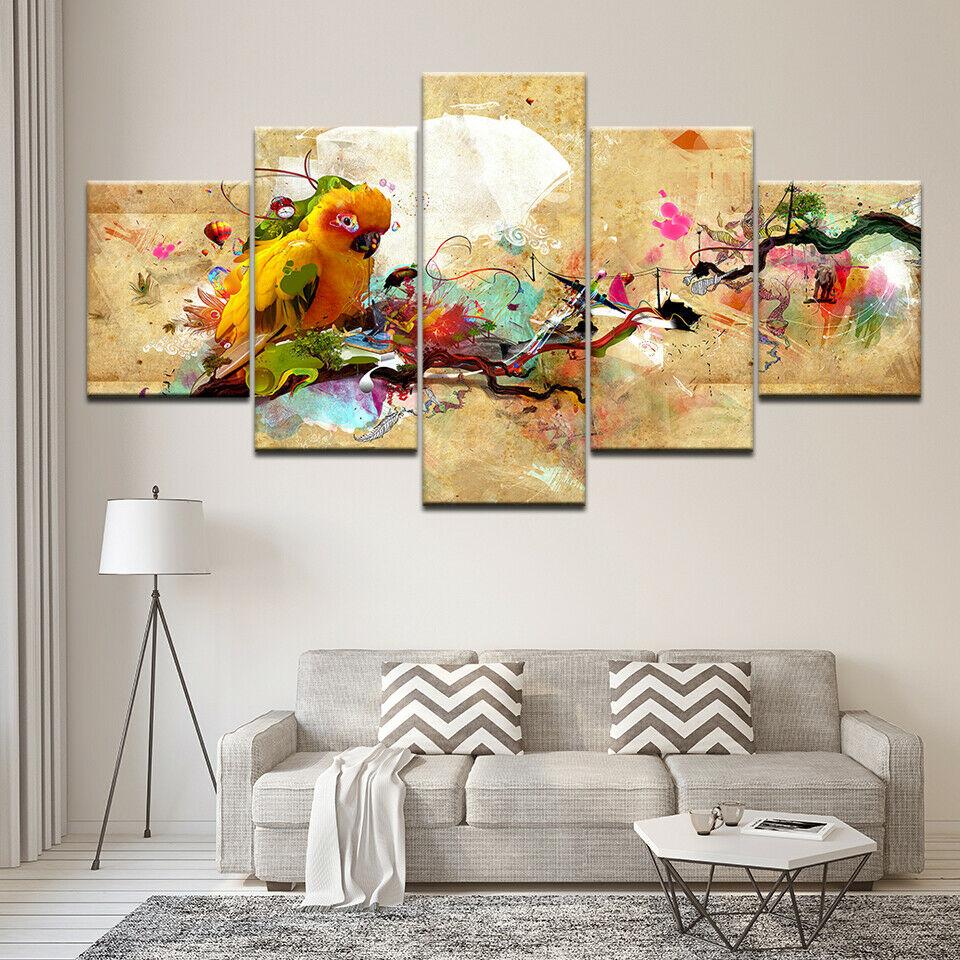 Abstract Chinese Style Magpie Bird 5 Piece Canvas Picture Print Wall Art Canvas Painting Wall Decor for Living Room No Frame