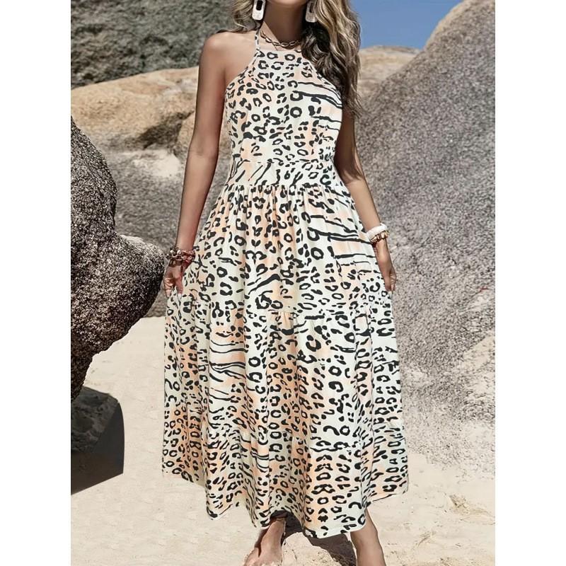 

European American Hot Sale Summer Neck Hanging Sling Bohemian Digital Print Leopard Long Dress Women s XL леопардовый