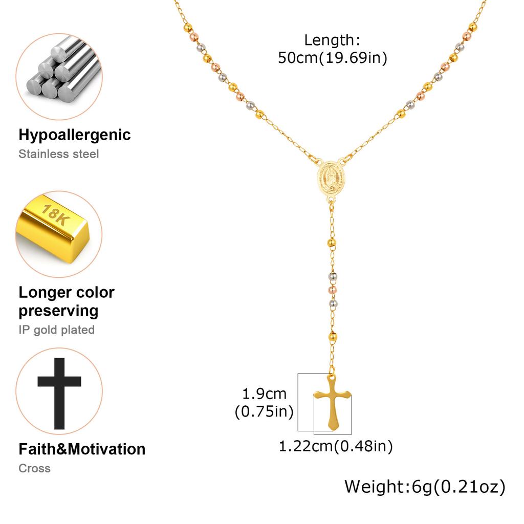 Vnox Dreifarbige Rosenkranz Jungfrau Maria Halskette Für Frauen Edelstahl Modeschmuck Heiliger Benediktus Kreuz Y-förmige Halskette