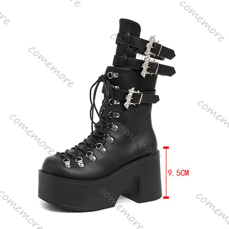 Comemore Punk Goth Women Motorcycle Boots Belt Buckle Thick Bottom Platform Shoes Woman Black Cool Street Mid-calf Botas Female
