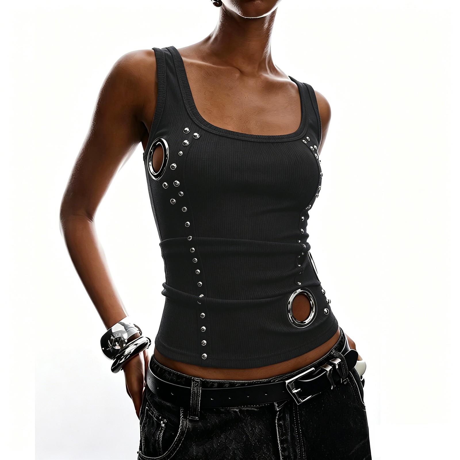 Damen ärmelloser Tanktop Pullover Rippstrick Lässige Sommerweste mit Metallring Nieten Detail Enganliegend M black