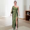 Yousheng Lady Evening Dress One Shoulder Single Open Sleeve Split Hem Solid Color Slim Waist Pleated Knot Decor Solid Color Prom Cocktail Party Maxi
