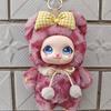 Cute Big Eyes Plush Keychain Soft Fluffy Faux Fur Checkered Bow Doll Pendant for Purse Decoration Girls Gift