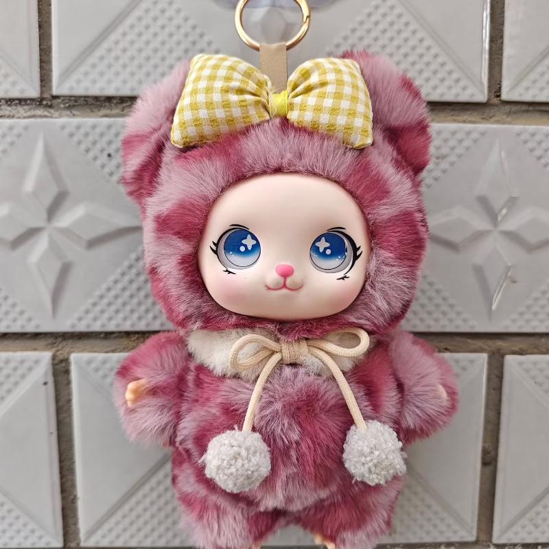 Cute Big Eyes Plush Keychain Soft Fluffy Faux Fur Checkered Bow Doll Pendant for Purse Decoration Girls Gift