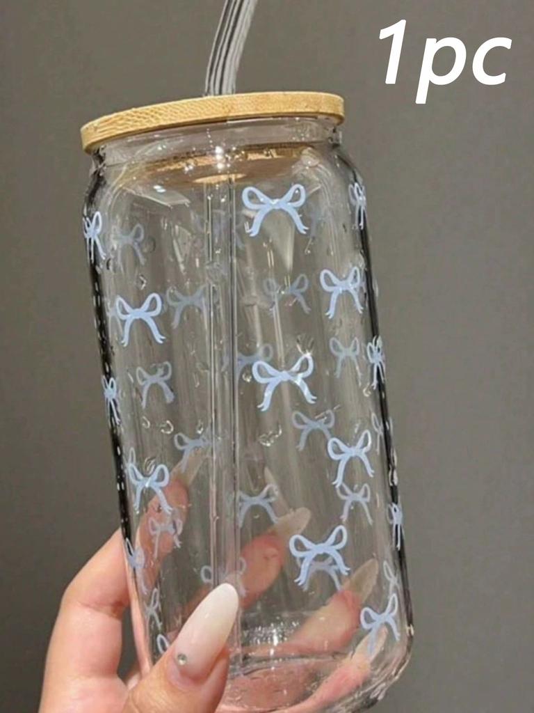 1/2pcs Pink Bow Glass Cup with Bamboo Wood Lid and Straw Reusable Bow Aesthetic Cup for Drinking Coffee Tea Milk Picnic Party