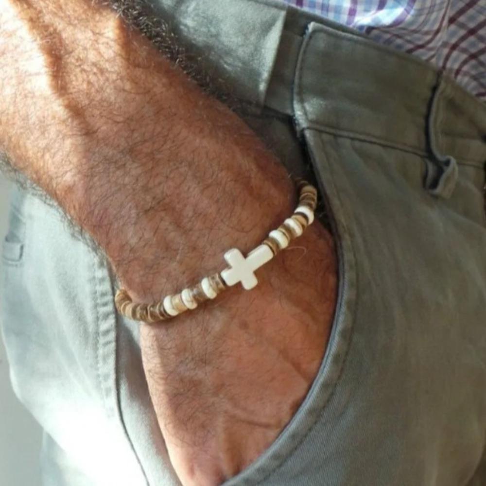 Coconut Shell Wood Chip Turquoise Cross Bracelet Men's Hip Hop Handmade Beaded Elastic Wood Bracelet