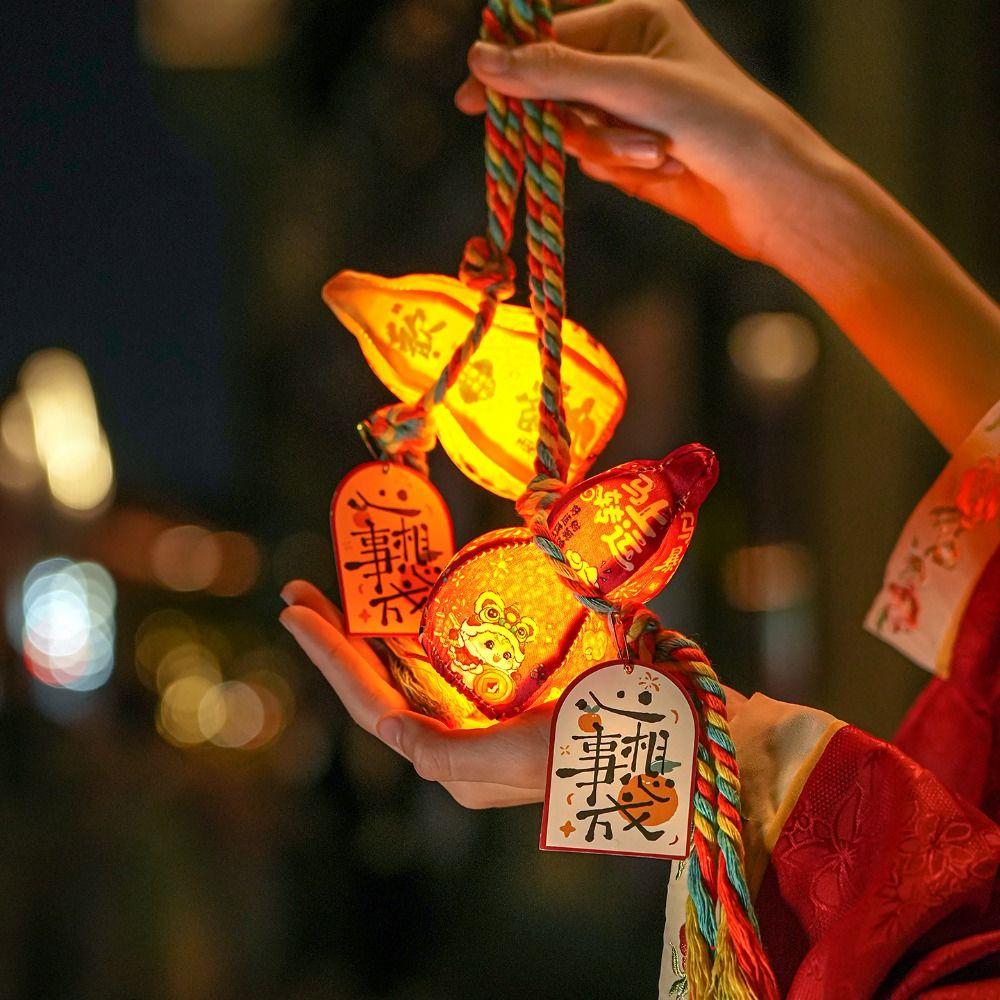 Year of The Horse Chinese Style Lantern with Tassel Blessing Words Luminous Gourd Lantern Handmade Printed Handheld Lantern