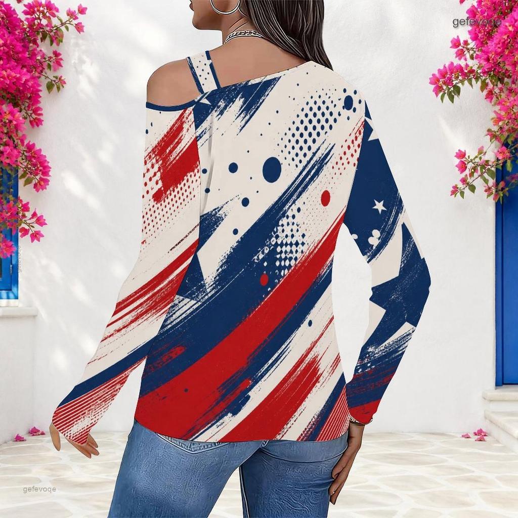 Women Plus Size Beige Red Navy Star Stripe Printed Asymmetric Cutout Cold Shoulder Long Sleeve Fitted Top