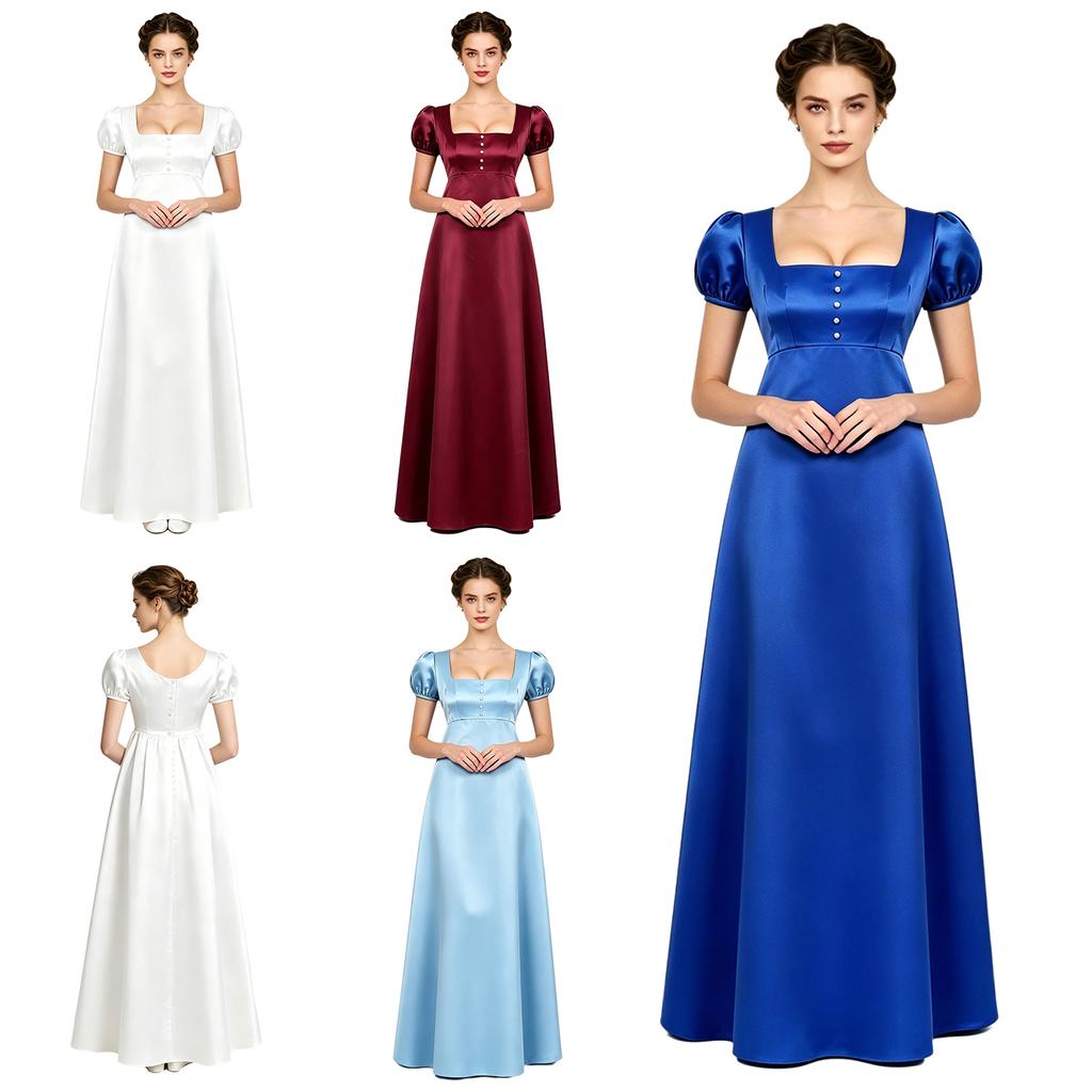 Maxikleid mit quadratischem Ausschnitt und Puffärmeln, mit Kunstperlen, Empire-Taille, Knöpfe hinten, Satin, Regency-Kleid für Damen, Party, Ball