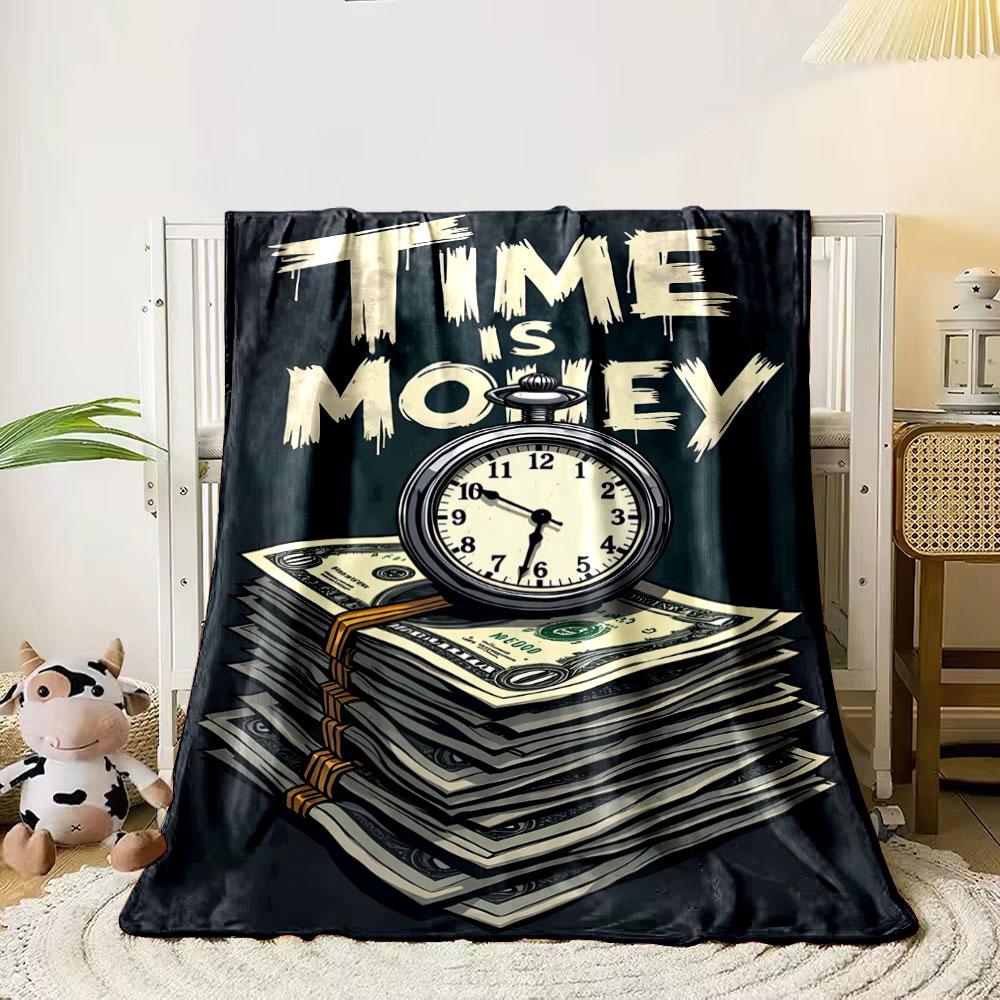 Clock atop money bundles with  Time is Money  text in bold style. for all seasons blanket lunch break throw gift 80cm x 120cm