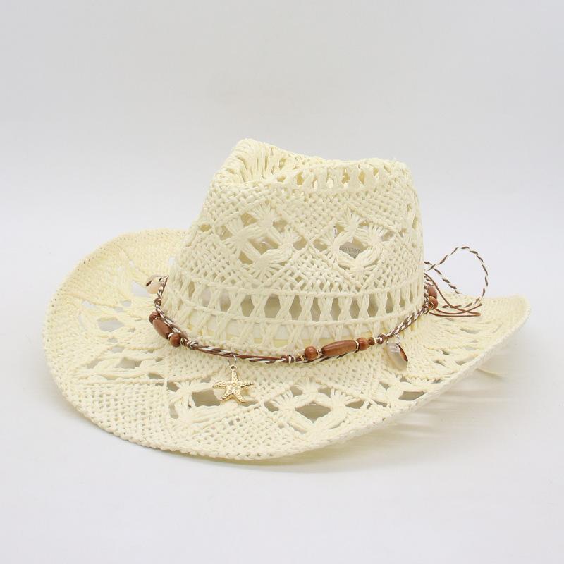 Cross-Border Summer Malan Orchid Hollow Western Denim Straw Jazz Top Hat Hat Upturned Along Eaves Shading Sunscreen Straw Hat