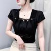 Klassisches Damen Sommer Spitzen T-Shirt Kleidung Sexy Vierkant Ausschnitt Perlenknopf Slim Tops Hemden Elegant Kurzarm Damen T-Shirts