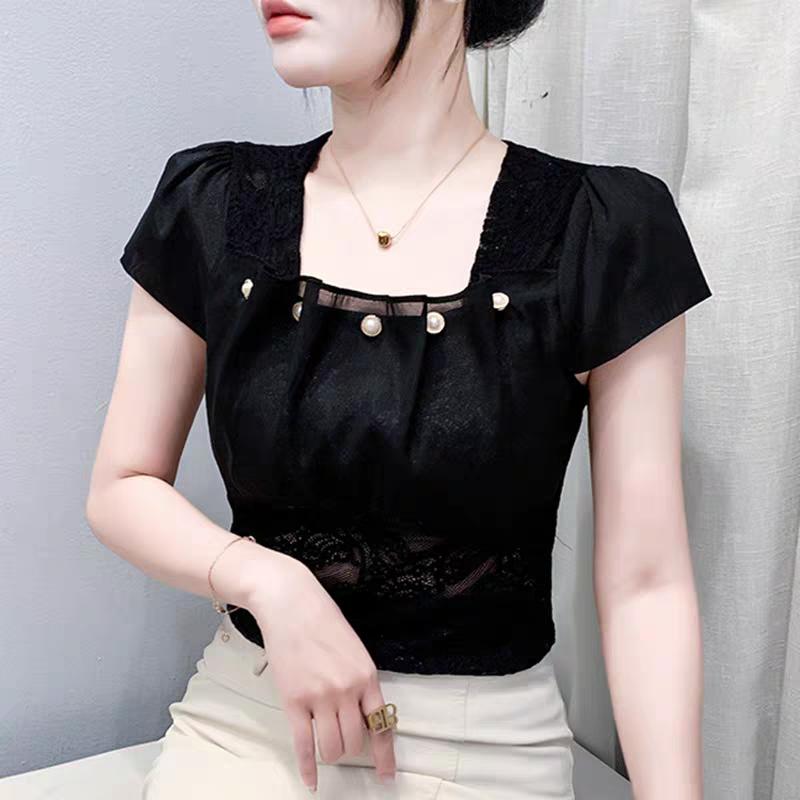 Tricou Clasic de Vară cu Dantelă pentru Dame Haine Sexy Decolteu Pătrat Nasturi cu Perlă Topuri Slim Cămăși Elegante Mânecă Scurtă Tricouri Femei