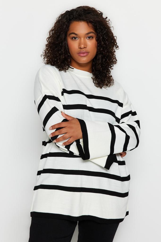 Women's Fashion New Plus Big Size Sweater Ecru Striped Crew Neck Knitwear Sweater
